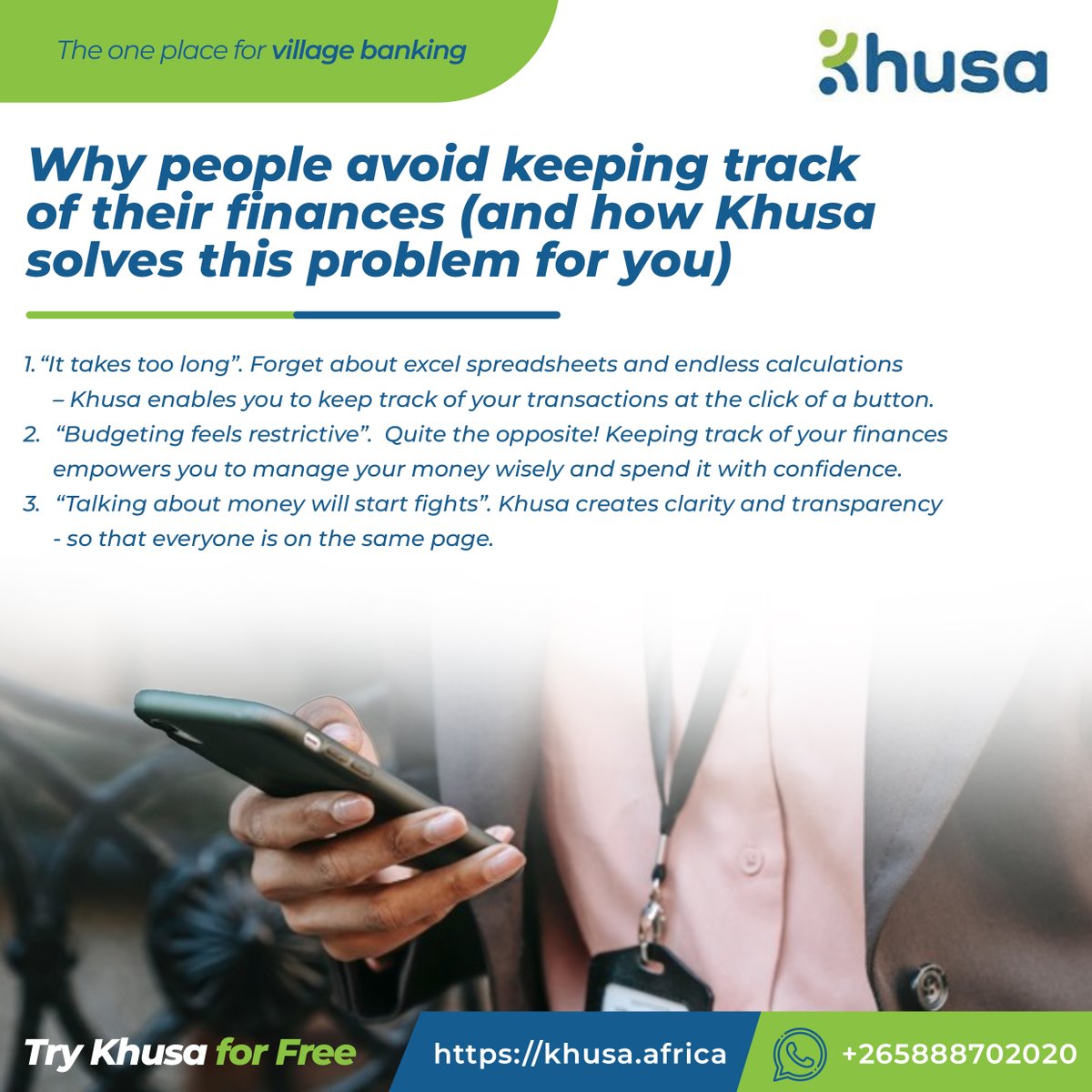 khusaafrica's tweet image. Why do people avoid keeping track of their finances (and how Khusa solves this problem for you)?

Khusa is Free 🌐: sso.khusa.africa/Authorize/Regi…
Contact 📲: +265888702020

#UseKhusa #KhusaMeansMoney #VillageBanking #SavingsGroup