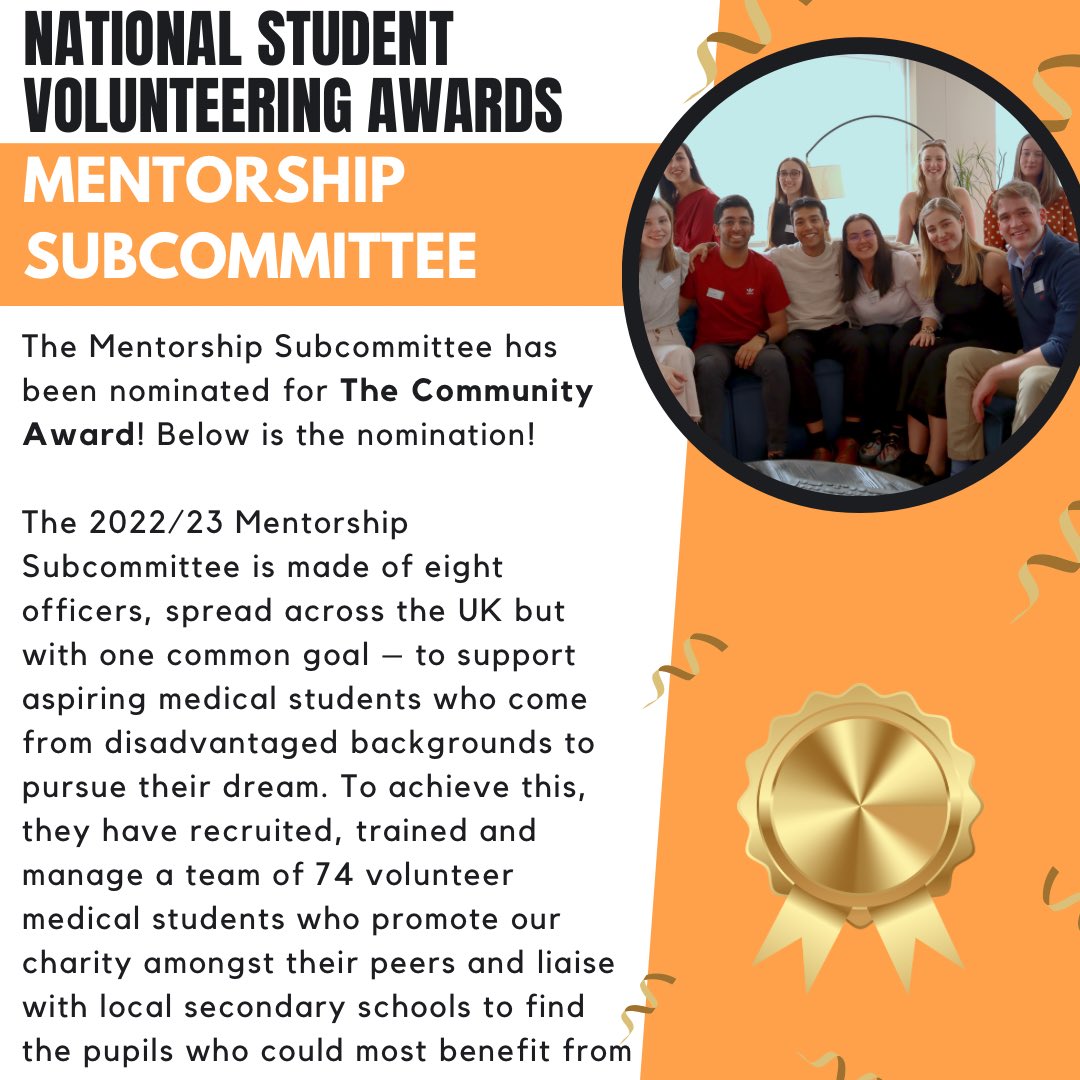 In2MedSchool's tweet photo. We are delighted to announce that the Mentorship Subcommittee for this year has been nominated for The Community Award as part of the National Student Volunteering Awards π§‘π
#in2medschool #i2ms #aspiringmedic #futuremedic #wideningaccess #wideningparticipation #medtwitter https://t.co/ycBXyvnv0I