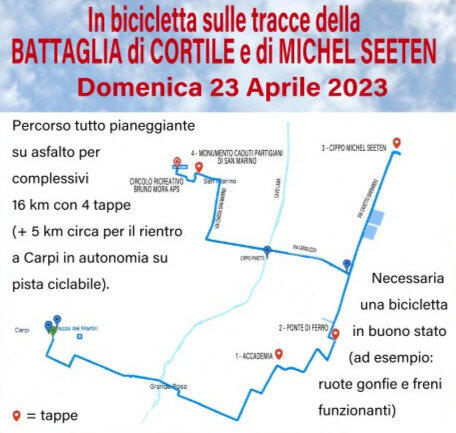 Domenica 23 aprile - ritrovo in bici in piazzale Re Astolfo alle ore 8.45 - raggiungeremo insieme i luoghi della Battaglia di Cortile ricordando la storia di Michel Seeten🚲

Iniziativa gratuita e aperta a tutte e tutti 🤗

utda.it/biciclettata

#Carpi #25aprile #biciclettata