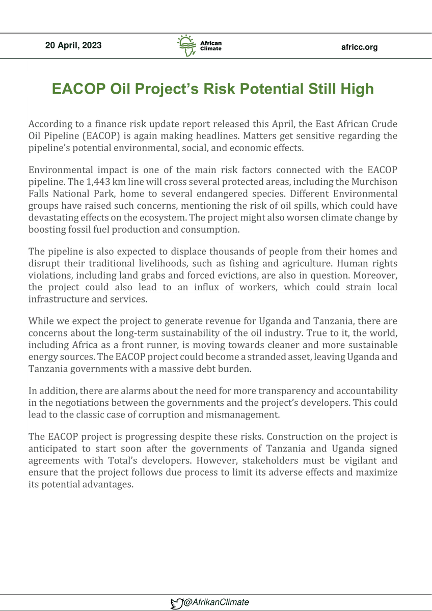 The pipeline is expected to displace thousands of people and disrupt their livelihoods, such as fishing and agriculture.

Human rights violations, including land grabs and forced evictions, are also in question.