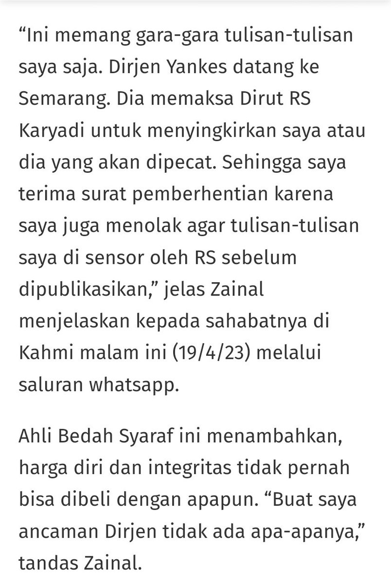 Kekuasaan yg arogan memecat profesor bedah saraf krn kritis. Alih2 gentar, yg dipecat berkata: itu tak ada apa2nya dibanding integritas.

Yg paling dirugikan adalah rakyat. Hanya ada 460an dokter bedah saraf di Indonesia, dgn guru besar yg sangat2 sedikit.

#SaveZainalMuttaqin
