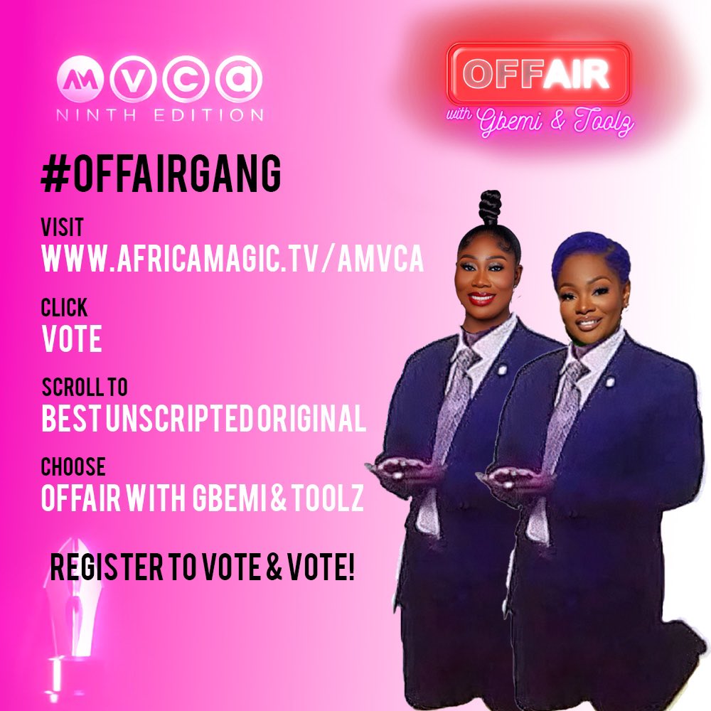 Offair_show's tweet photo. #offairgang Please help us make history by winning this #AMVCA9 . We are nominated in the “Best Unscripted  Original” category . Click here https://t.co/XUMR3AOEe1 and scroll down to vote . Thank you 😘#offairwithgbemiandtoolz @GbemiOO @ToolzO https://t.co/4WVbe9wPxT