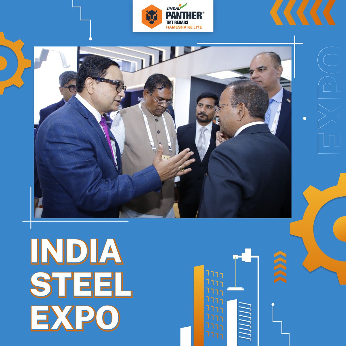 JindalPanther's tweet photo. Sh. Faggan Singh Kulaste, Hon’ble Minister of State, Ministry of Steel & Rural Development & Sh. Nagendra Nath Sinha, Secretary, MoS with Jindal Panther team at #IndiaSteelExpo.
#JindalPanther #HameshaKeLiye #BuildingStrongIndia #IndiaSteel2023 https://t.co/sUU40SxeLw