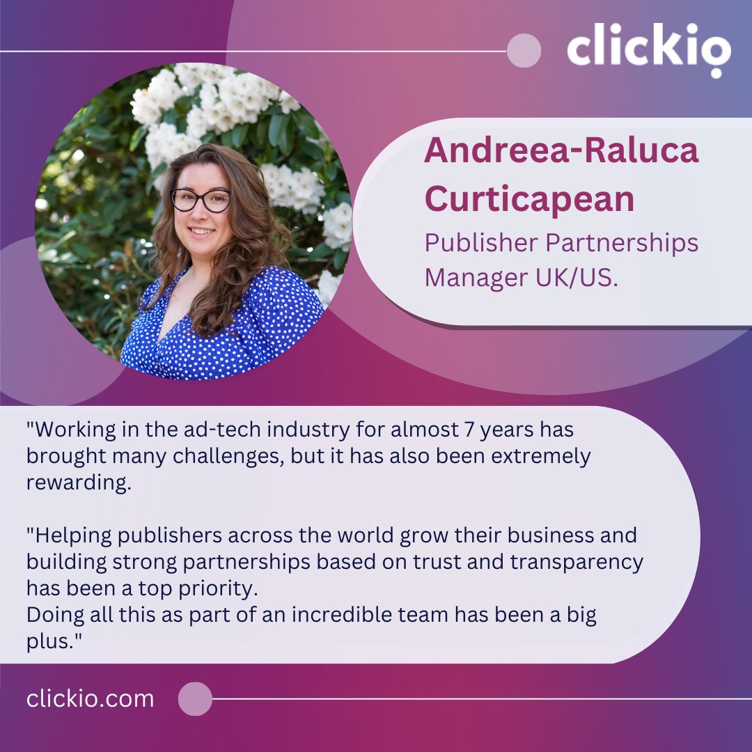 ClickioGlobal's tweet photo. Meet Andreea, the Publisher Partnership Manager of the UK and US markets. Assisting Clickio publishers in growing their businesses every day with passion and professionalism 💪

#TeamPlayer #AdTechExpert #Clickio https://t.co/mtNKlvVoL6