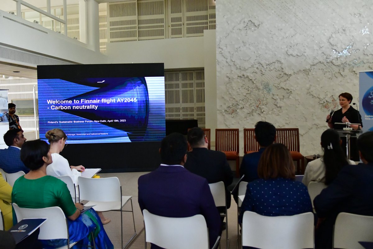 FinlandinIndia's tweet photo. Adding to the sustainability narrative from th perspective of the aviation industry was @AnnaSotaniemi , Senior Manager, Government and Institutional Relations @Finnair . Colleagues Eveliina Huurre, SVP-Sustainability and Sakari Romu, GM India for Finnair, also shared their views https://t.co/m6st7cNDhW