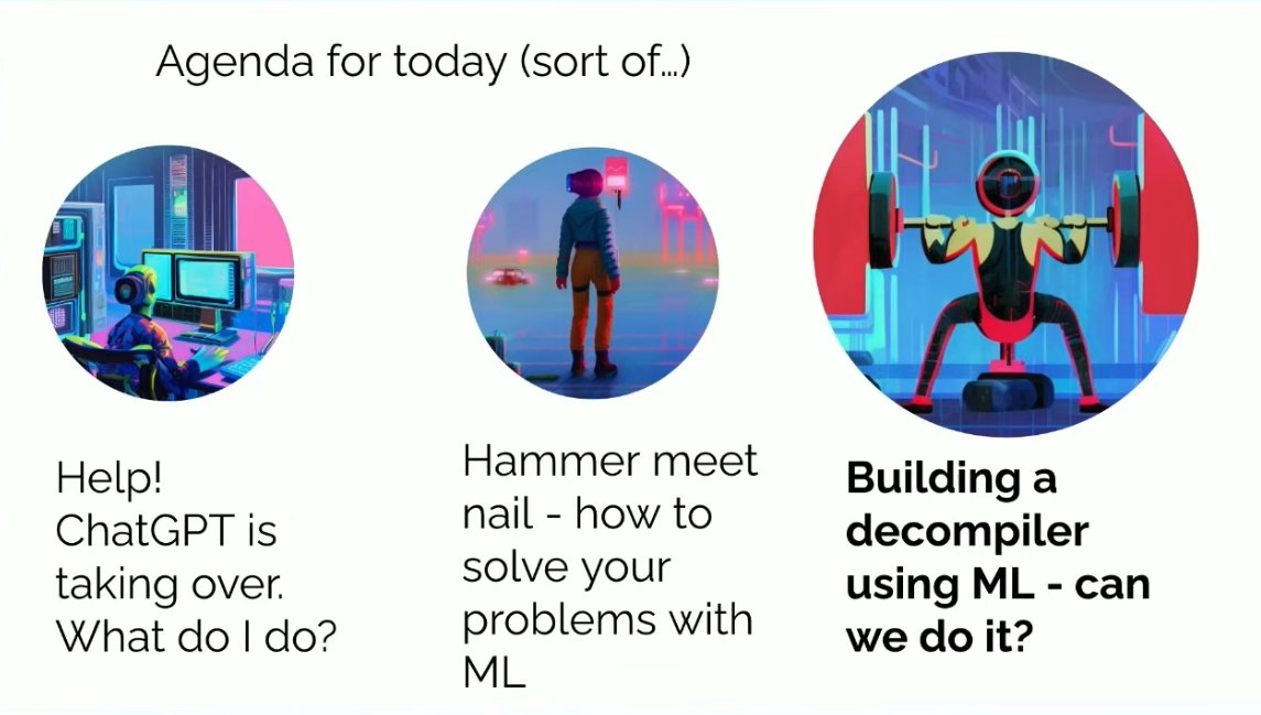 WilleChristoph's tweet image. Given I work on the @ilspy #decompiler, @spimescape talk youtube.com/watch?v=8tW1B9… caught my attention. Great ML &amp;amp; BERT/BART/GPT refresher, and shows how far neural machine translation would get us today for decompilation.