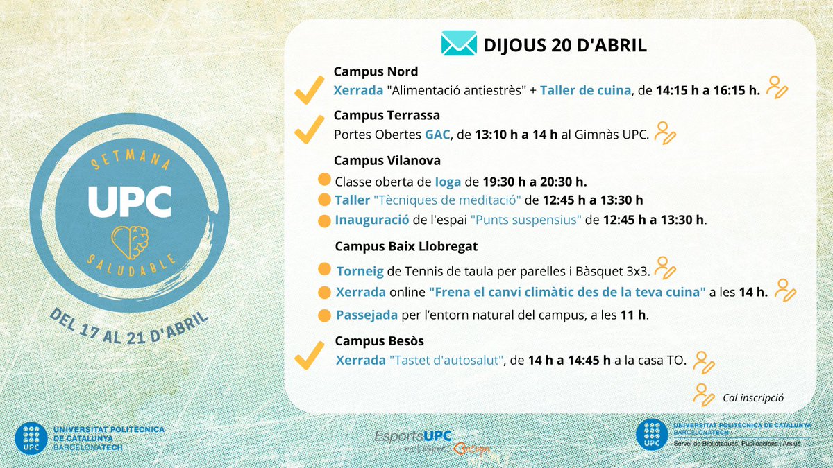 EsportsUPC's tweet photo. #SetmanaSaludableUPC | Bon dijous saludable! Esteu preparades per avui? De nou, un munt de propostes per a tots els gustos... fem salut?💚🥗🤗
📋Agenda d'avui: https://t.co/r2Uvs7ahRB
#PosatenMarxa i #GaudeixlaVida
#EsportsUPC @la_UPC @GentActiva #ods3 #movemlaupc #upc https://t.co/Q9BMRfN2PM
