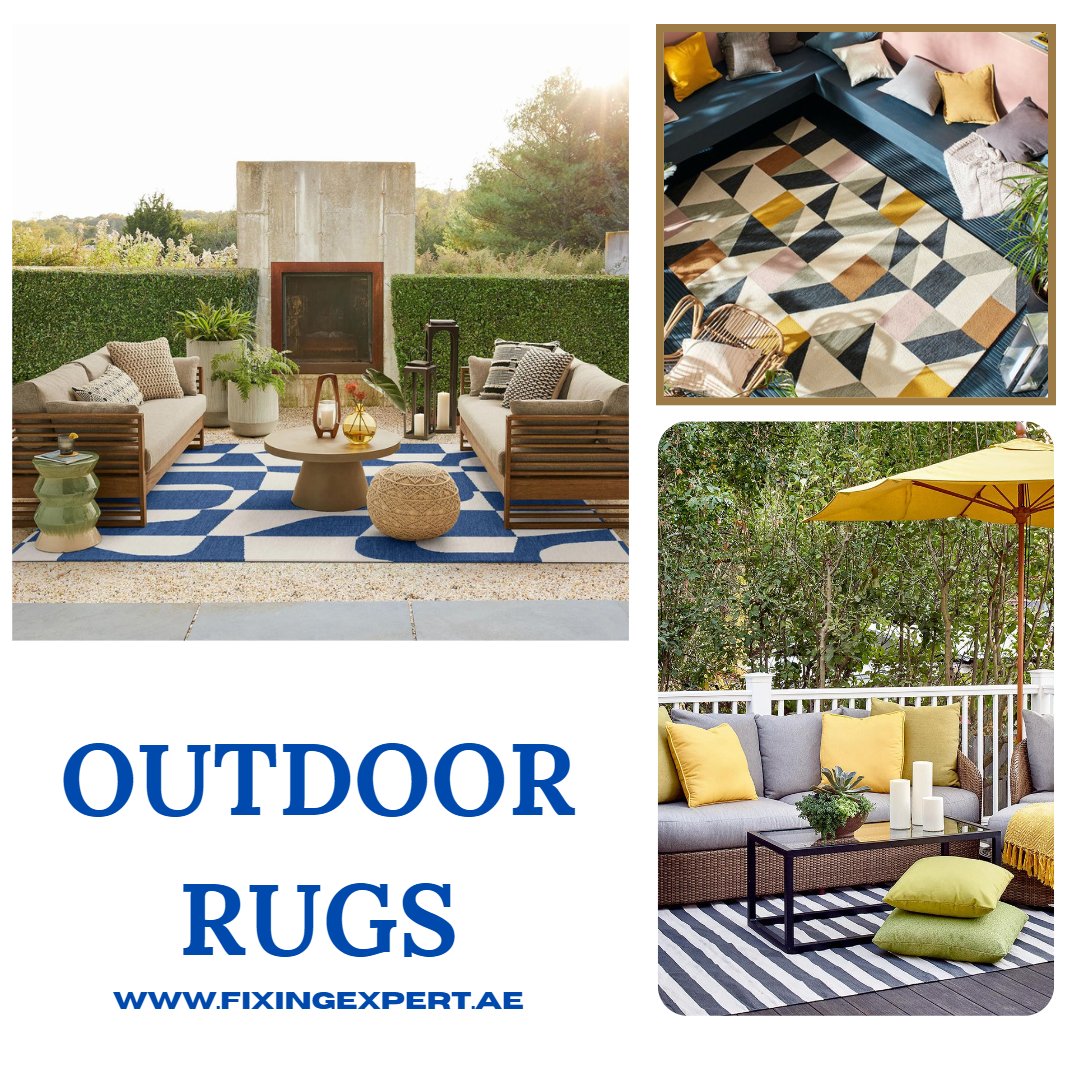 Revamp Your Outdoor Space with Stunning Rugs from FixingExpert' #OutdoorRugs #PatioDecor #AlFrescoLiving #OutdoorLiving #FixingExpert #UAE #OutdoorRenovation