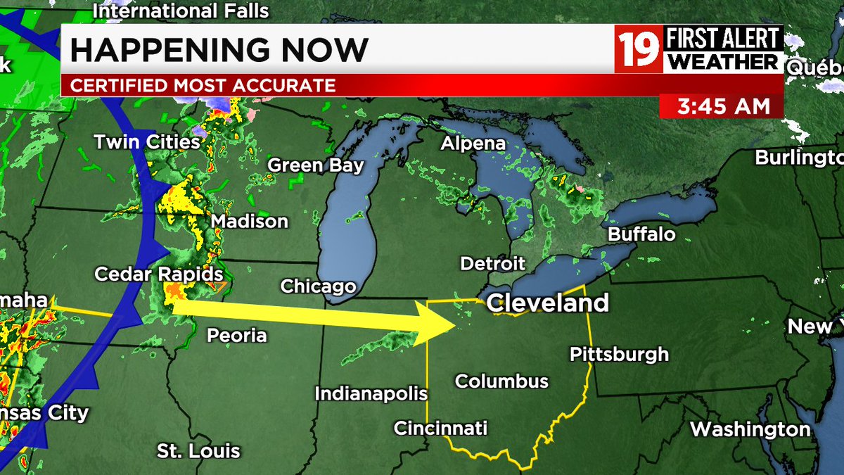 3:45 A.M. ANALYSIS:  Cold front tracking through Minnesota and Iowa.  This will be approaching Cleveland tomorrow.  Surge of very warm air today in advance of it.  Rain/Thunder developing tomorrow in northeast Ohio.  https://t.co/ESQdTDSzb5 https://t.co/H2O5q2SQWb