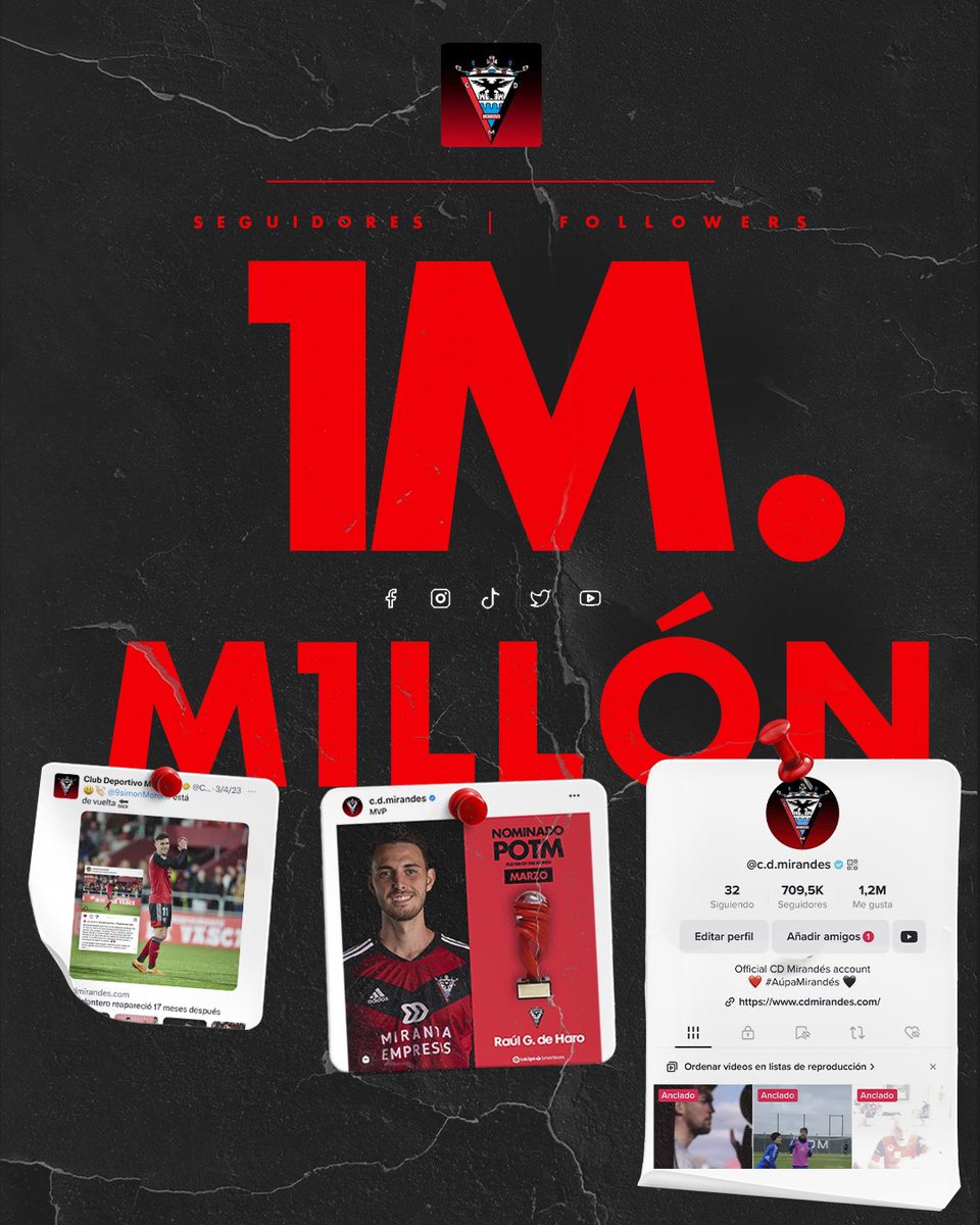 CDMirandes's tweet photo. 🙏🏻 𝗠 1️⃣ 𝗟 𝗟 𝗢́ 𝗡 🙏🏻

¡Ya somos 1️⃣ 🅼.📲 en todas nuestras 𝗿𝗲𝗱𝗲𝘀 𝘀𝗼𝗰𝗶𝗮𝗹𝗲𝘀! 

Síguenos:
👉🏻 𝗜𝗻𝘀𝘁𝗮𝗴𝗿𝗮𝗺: https://t.co/h0n1ucu0er
👉🏻 𝗧𝗶𝗸𝗧𝗼𝗸: https://t.co/2zQ0bo0J62 
👉🏻 𝗙𝗮𝗰𝗲𝗯𝗼𝗼𝗸: https://t.co/uL8xTgJOba
👉🏻 𝗬𝗼𝘂𝗧𝘂𝗯𝗲: https://t.co/171BMLqVkV https://t.co/lbRxRZlkgc