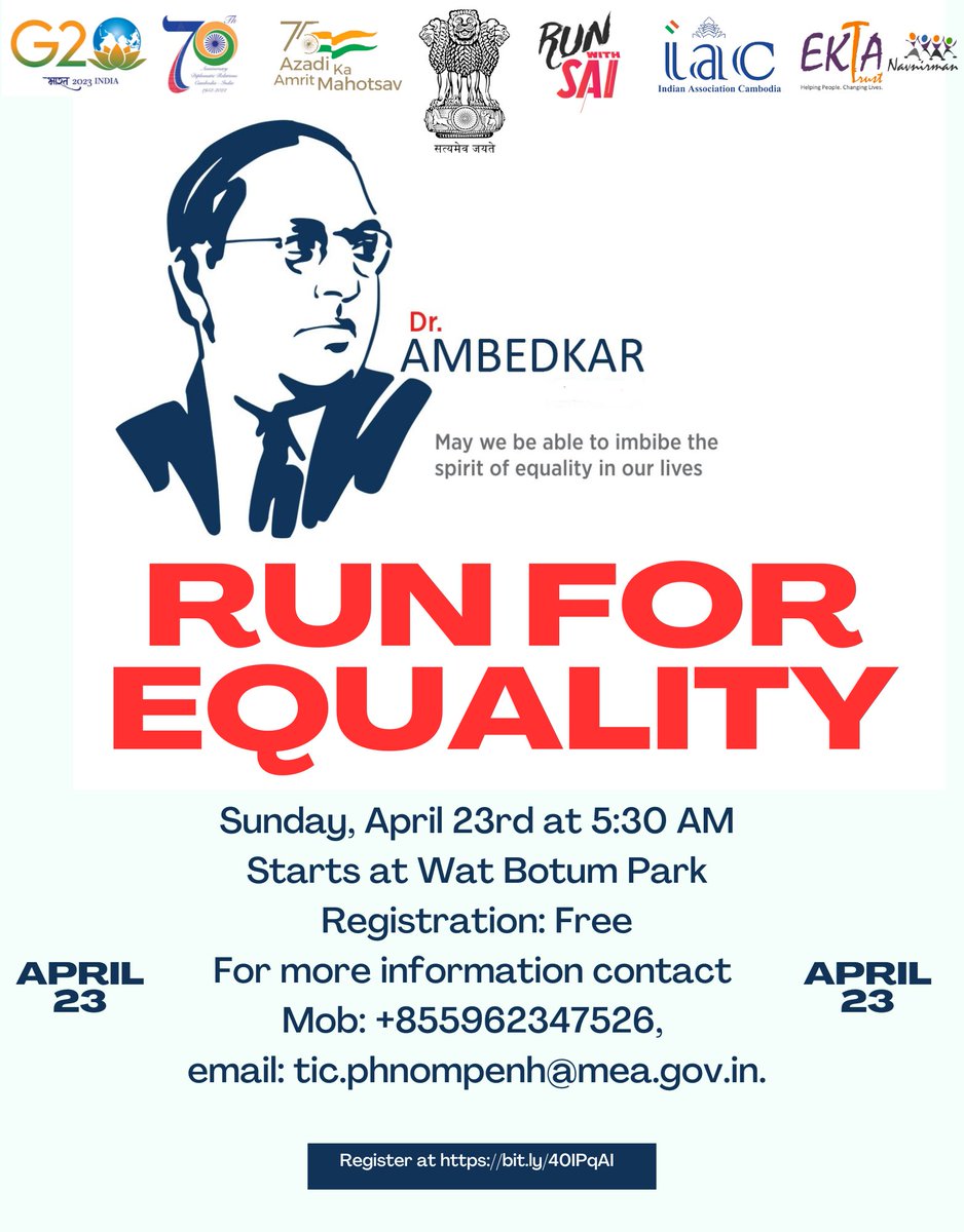 indembcam's tweet photo. #2DaystoGo
#RUNFOREQUALITY to celebrate #AmbedkarJayanti
Registration: https://t.co/IAlbYkwh4T.
Date: 23 April 2023
Time: 05h30
Total loop: 5 km
Location & map: Wat Botum Park
@devyani_K @MEAIndia @IndianDiplomacy @CambodiaIndian #marathon #EKTA https://t.co/W5Bow3LYT4