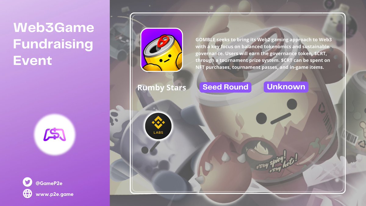 Binance Labs <a href="/BinanceLabs/">Yzi Labs</a> has committed investment in a seed funding round of GOMBLE @rumbystars, a blockchain-based game developer in South Korea.

#Web3Game #P2E

Join t.me/p2egamex for the latest updates within web3 game space!