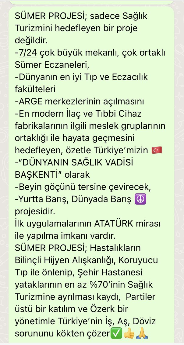 msapci1934's tweet photo. 🇹🇷Yurtta Barış, Dünyada Barış☮️

Yerli ve Milli #SÜMERPROJESİ

Türkiye’mizi🇹🇷 “DÜNYANIN SAĞLIK VADİSİ BAŞKENTİ” yapar.

İŞ, AŞ, DÖVİZ 
SORUNUMUZU KÖKTEN ÇÖZER.

İlk uygulaması, ATATÜRK’ün 
“Hatay benim şahsi meselemdir” dediği HATAY’dan başlamalıdır.

#SAĞLIKİÇİNHİJYENŞART https://t.co/cVDj7a98Tb