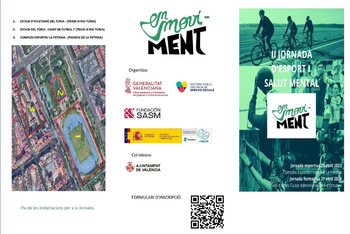Creap_Valencia's tweet photo. El #CreapValencia organiza un año más junto a @GVAinclusio @FundacionSASM la II #Jornada d'Esport i Salut Mental

📍 En el Complejo La Petxina de #Valencia
📅 El 25 de abril 

🤳  Puedes inscribirte en el código QR de la imagen para la jornada formativa que tendrá lugar el día 27 https://t.co/x7F3GP3H8J