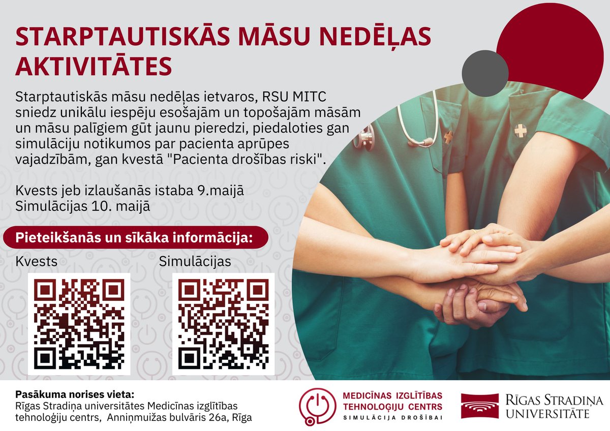 📣Esošās un topošās māsas un māsu palīgi! RSU MITC māsu nedēļas ietvaros sniedz iespēju piedalīties interesantās un izglītojošās aktivitātēs, pārbaudot savas zināšanas, iegūstot jaunas, strādājot komandā un sacenšoties ar kolēģiem!
Būs forši, piesakies!
