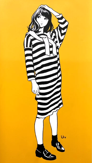 #江口寿史#東京彼女特にこの絵が好きなんですけど、ストンとしたワンピースが腰のところに引っかかる感じとかボーダーの描写とか凄すぎる。神 
