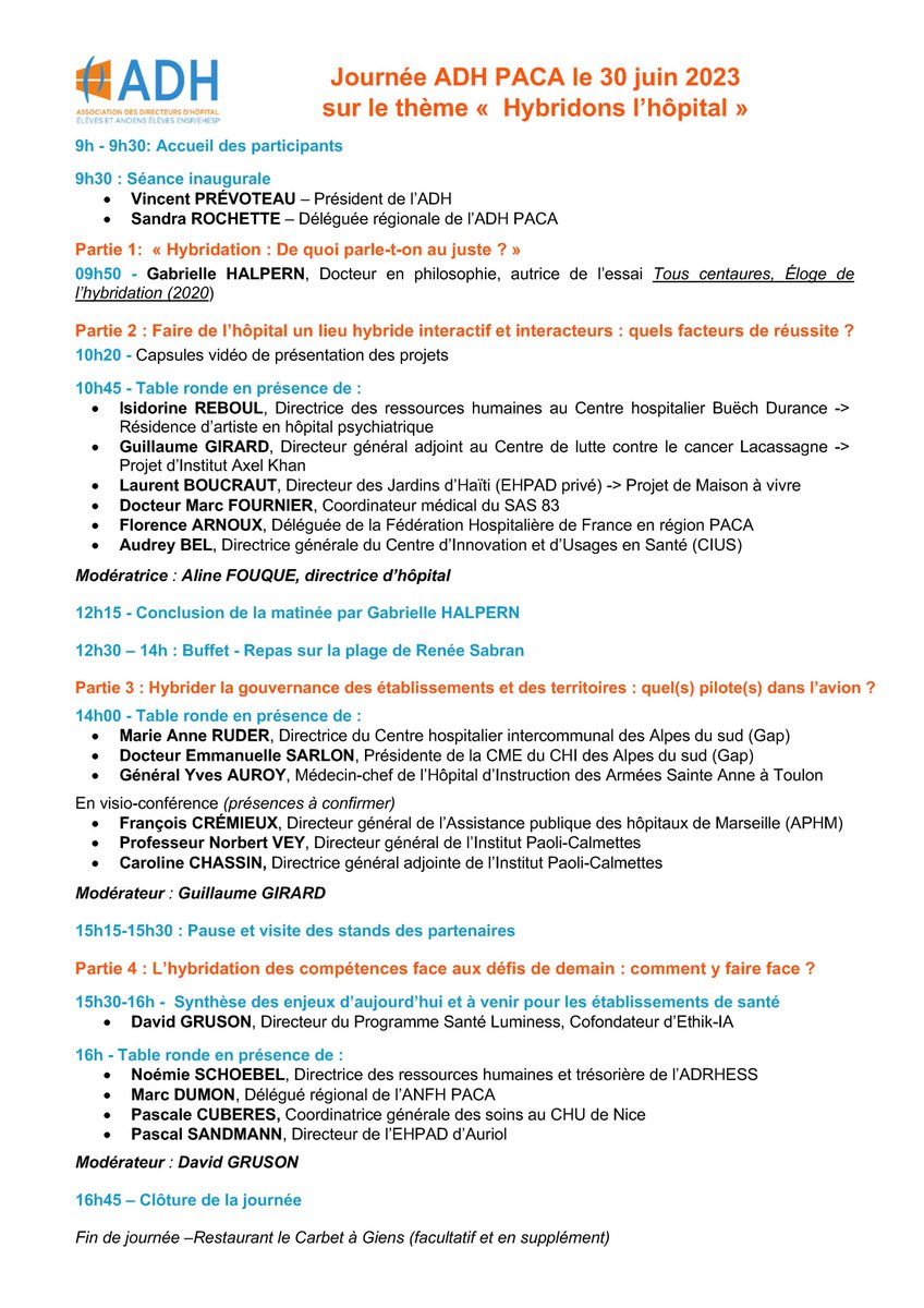 AdhPaca's tweet photo. 📢 Les inscriptions à la journée ADH PACA du 30 juin 2023 sont OUVERTES ! 📢
 
Venez participer à la Journée régionale de l’Association des directeurs d’hôpital en PACA sur le thème « Hybridons l'hôpital » le 30 juin 2023 à l’Hôpital Renée Sabran à Hyères (83) https://t.co/wmO1oeRTNo