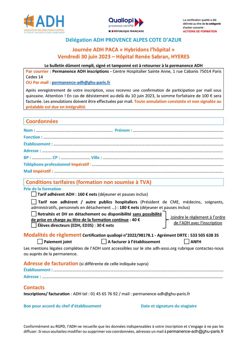AdhPaca's tweet photo. 📢 Les inscriptions à la journée ADH PACA du 30 juin 2023 sont OUVERTES ! 📢
 
Venez participer à la Journée régionale de l’Association des directeurs d’hôpital en PACA sur le thème « Hybridons l'hôpital » le 30 juin 2023 à l’Hôpital Renée Sabran à Hyères (83) https://t.co/wmO1oeRTNo