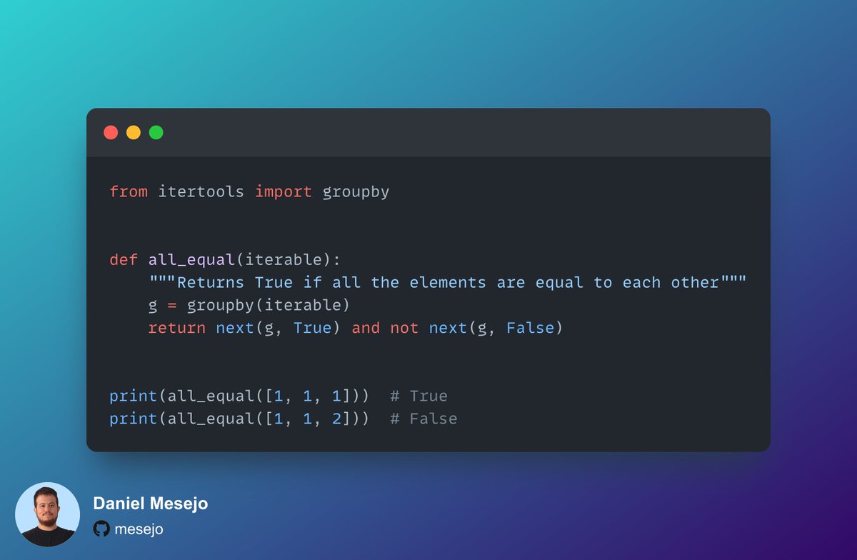 searchsort's tweet image. Hey #Python enthusiasts, good morning! 🌞 Here's an intriguing fact for you: Did you know you can use groupby to check if all elements in an iterable are equal? 🐍🚀😎
#CPython
#learnpython
#pythonprogramming