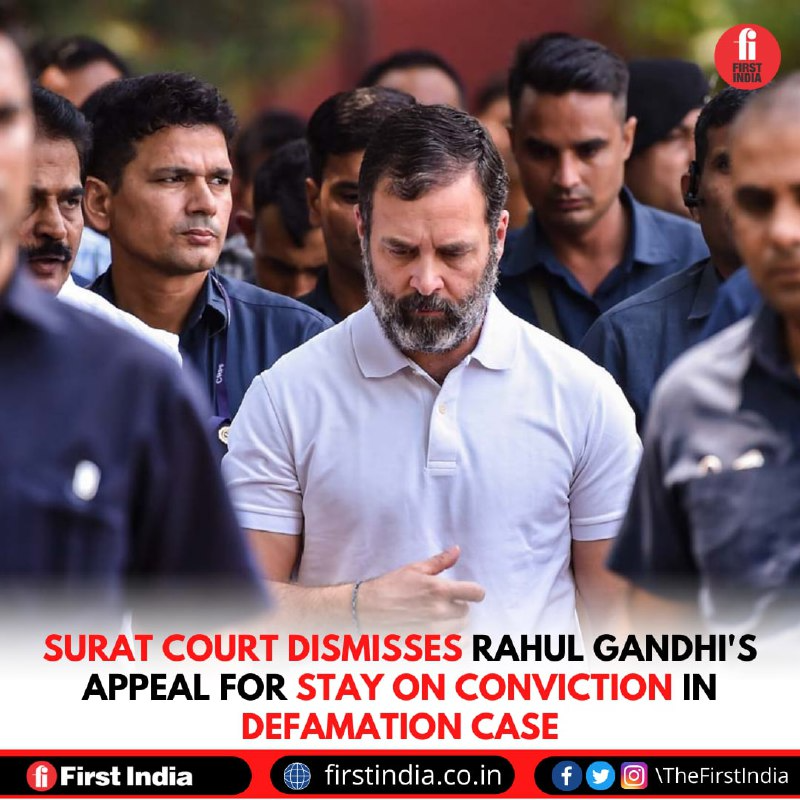 thefirstindia's tweet image. A Surat court on Thursday dismissed application filed by Rahul Gandhi in which Con leader had sought a stay on his conviction in the 2019 criminal defamation case on 'Modi surname' remark

#RahulGandhi #rahulgandhidefamationcase #rahulgandhidisqualified