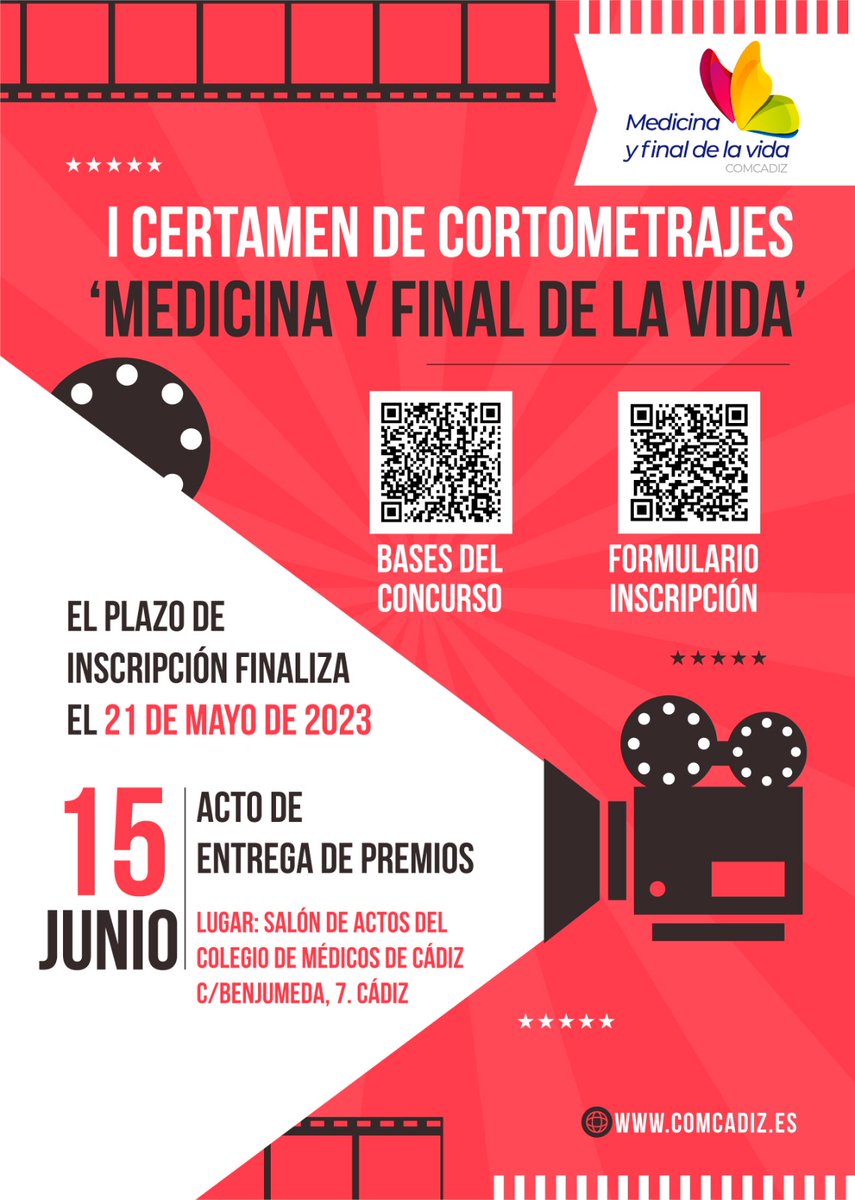 👨‍⚕️  Si eres mayor de edad, puedes participar hasta el 2️⃣1️⃣ de mayo en I CERTAMEN DE CORTOMETRAJES ‘MEDICINA Y FINAL DE LA VIDA’, con 1 corto en castellano que no supere los 3 min. Inédito y original.  Tema: La atención al final de la vida de la persona 👉 comcadiz.com