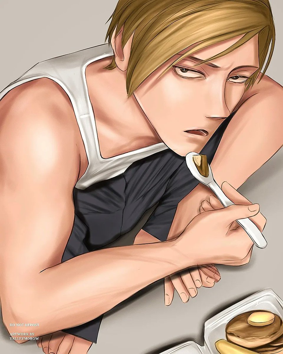 male focus 1boy solo blonde hair food looking at viewer tank top  illustration images