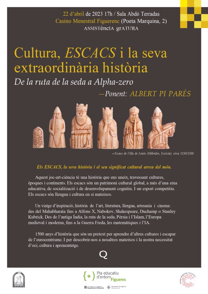 escacsfigueres's tweet photo. S'acosten les #FiresSantaCreu de #Figueres i el @escacsfigueres ja té un plat fort aquest dissabte 22 amb la conferència #Cultura i #Escacs https://t.co/vG5c9ZWBMj