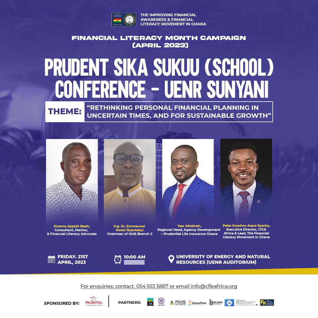 PruLifeGhana's tweet photo. Join us on April 21st at the University of Energy and Natural Resources for the Prudent Sika Sukuu Conference - an exciting event focused on financial literacy, in celebration of Financial Literacy Month! Gain valuable insights and strategies to secure your financial future. 
1/2 https://t.co/cCbSkWzETb