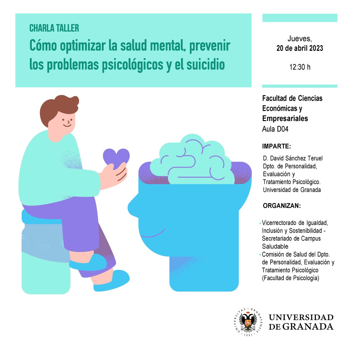 📌Hoy jueves, 20, 12:30 horas, AULA D-04, se va a impartir una charla-taller sobre los problemas de salud mental, para dar visibilidad a esta problemática y prevenir desenlaces fatales como el suicidio.
Inscripción en el siguiente formulario:
forms.gle/ncxMDhnz8NPHKW…