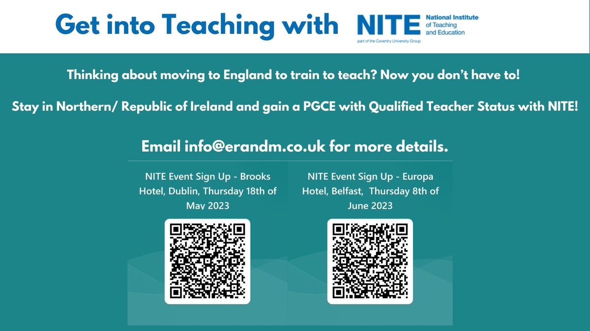 EdRecruitMarket's tweet photo. Thinking about moving to England to train to teach?  Now you don’t have to! 🎉
Stay in Northern/ Republic of Ireland and gain a PGCE with Qualified Teacher Status with @NITE_org!

EMAIL INFO@ERANDM.CO.UK FOR MORE DETAILS.

https://t.co/lfSPFN1qAc https://t.co/Zc5fWExvA3
