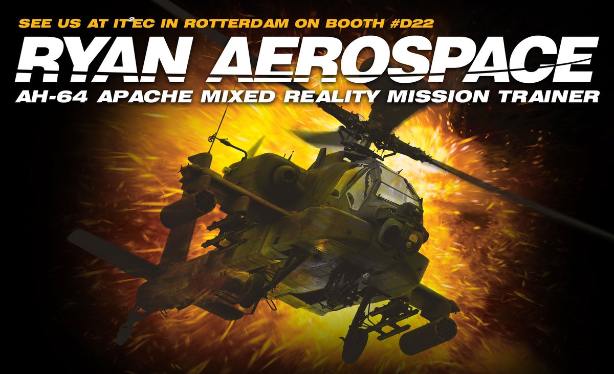 See RYAN AEROSPACE next week at IT2EC in Rotterdam. We’re on Booth #D22,  showcasing our HELIMOD Mark III configured as a mixed reality AH-64 Mission Trainer. Come and see why the US Air Force, US Navy and US Army have trusted RYAN AEROSPACE to deliver more than 300 simulators.
