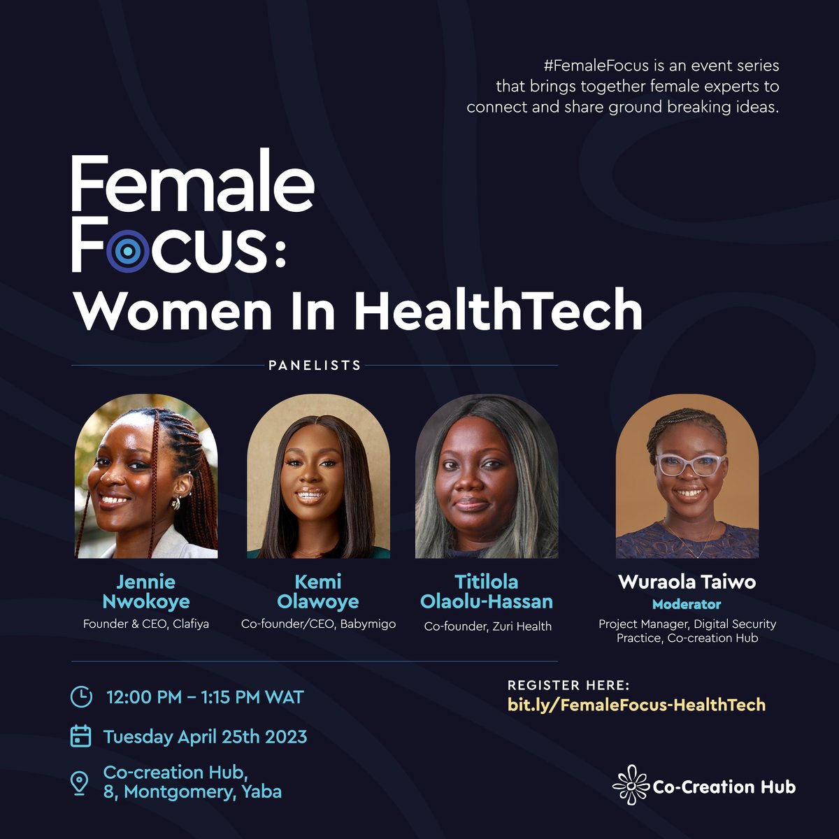 Join us for the Female Focus - Women in #healthech Event and hear from influential leaders in the industry!

Our panel includes <a href="/JennieNwokoye/">Jennie N</a>, CEO of <a href="/clafiya/">Clafiya</a>; <a href="/Kemi_olawoye/">Kemi Olawoye</a>, CEO &amp; Co-Founder of <a href="/my_babymigo/">Babymigo</a>; and Titilola Olaolu-Hassan, COO/Co-founder of <a href="/ZuriHealth/">Zuri Health</a>.

1/2 🧵