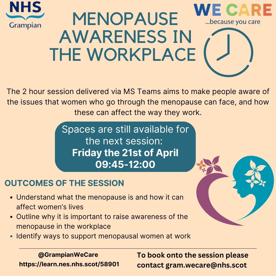 Final spaces available for #MenopauseAwareness Session delivered via teams tomorrow. If you would like further info please click here  bit.ly/3Kttbrn or contact #GrampianWeCare @Menopause_Cafe @NHSGrampian @CclNhs @ShireNurses @lindaewen13 @HSCAberdeen @NHSG_Facilities