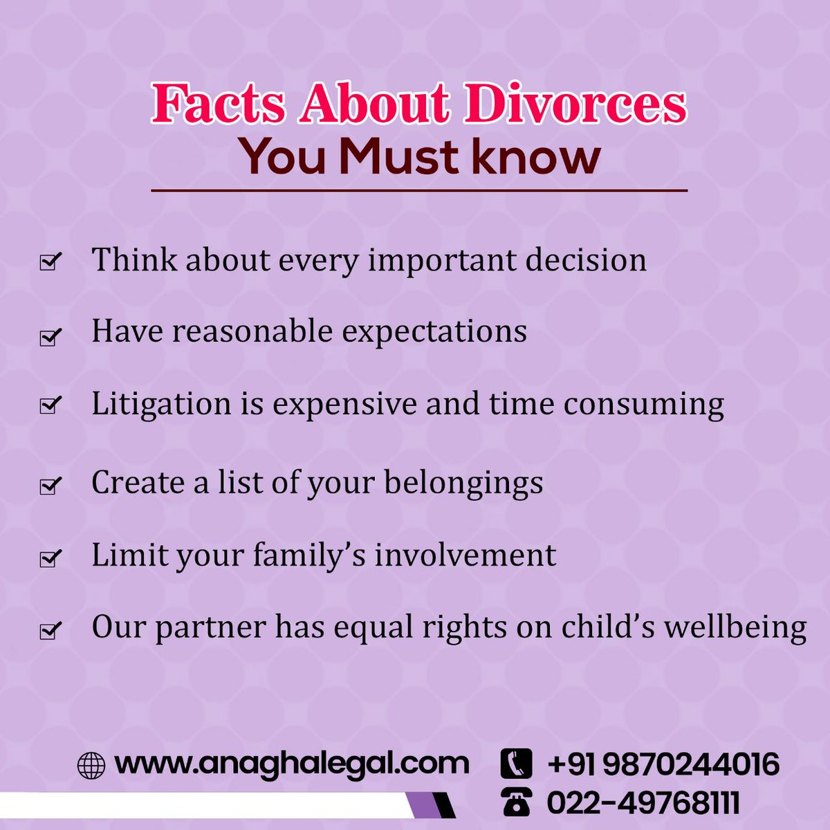 Divorce is a difficult and emotionally draining process, knowing the essential facts will help you navigate it more gracefully.

#anaghalegal #divorce #divorceconsultant #nridivorcelaws  #nrimarriage #divorcefacts #factstoknow #contactnow