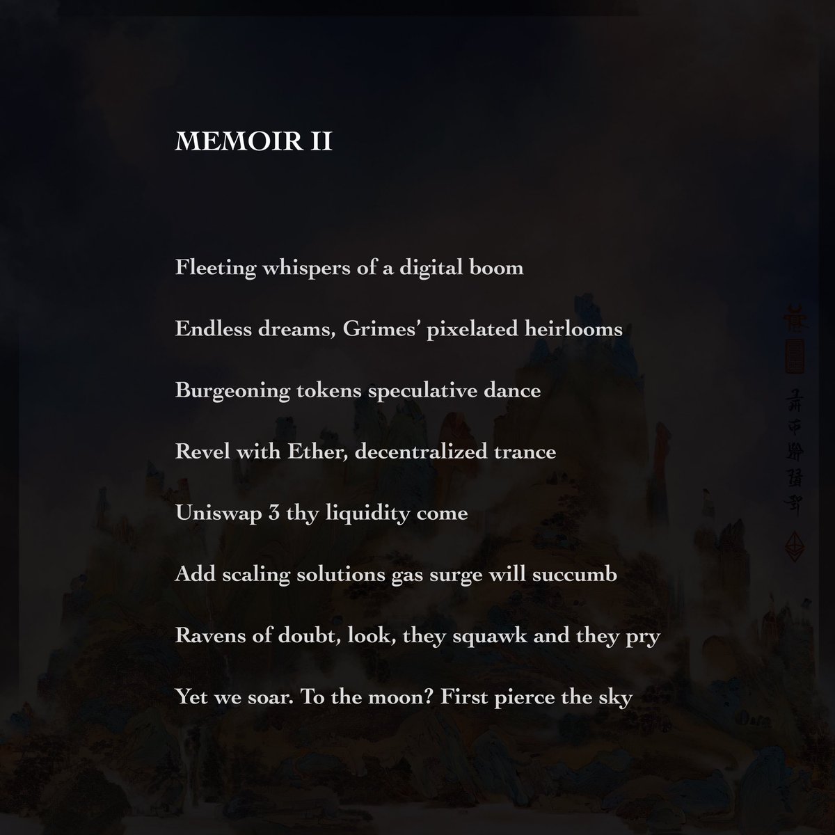 baiweiart's tweet photo. Gm! 🌞
Data landscapes in “Memoirs of Bull” are decked with cryptic AI poems about each month’s #Ethereum affairs. 😲🤯🤓
Fancy decoding this one?
⛩📈📉⛩
Available on @foundation
#poetry #crypto #AIart #AIcollaborative #asianart https://t.co/3iDW4uylVw