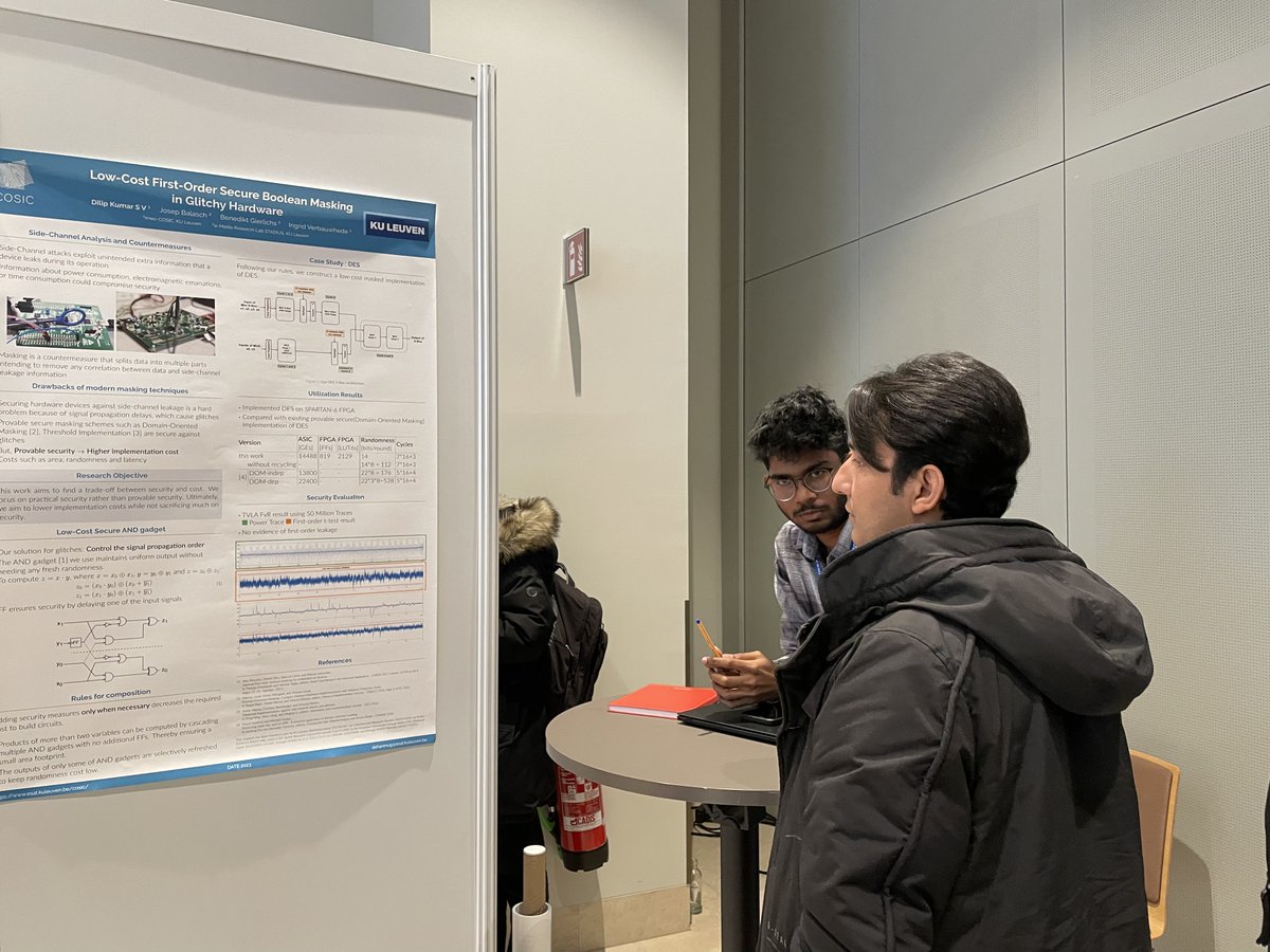 CosicBe's tweet image. Dilip Kumar S V presenting a poster about &quot;Low-cost First-order Secure Boolean Masking In Glitchy Hardware&quot; at #DATEconference  in Antwerp, Belgium: date-conference.com