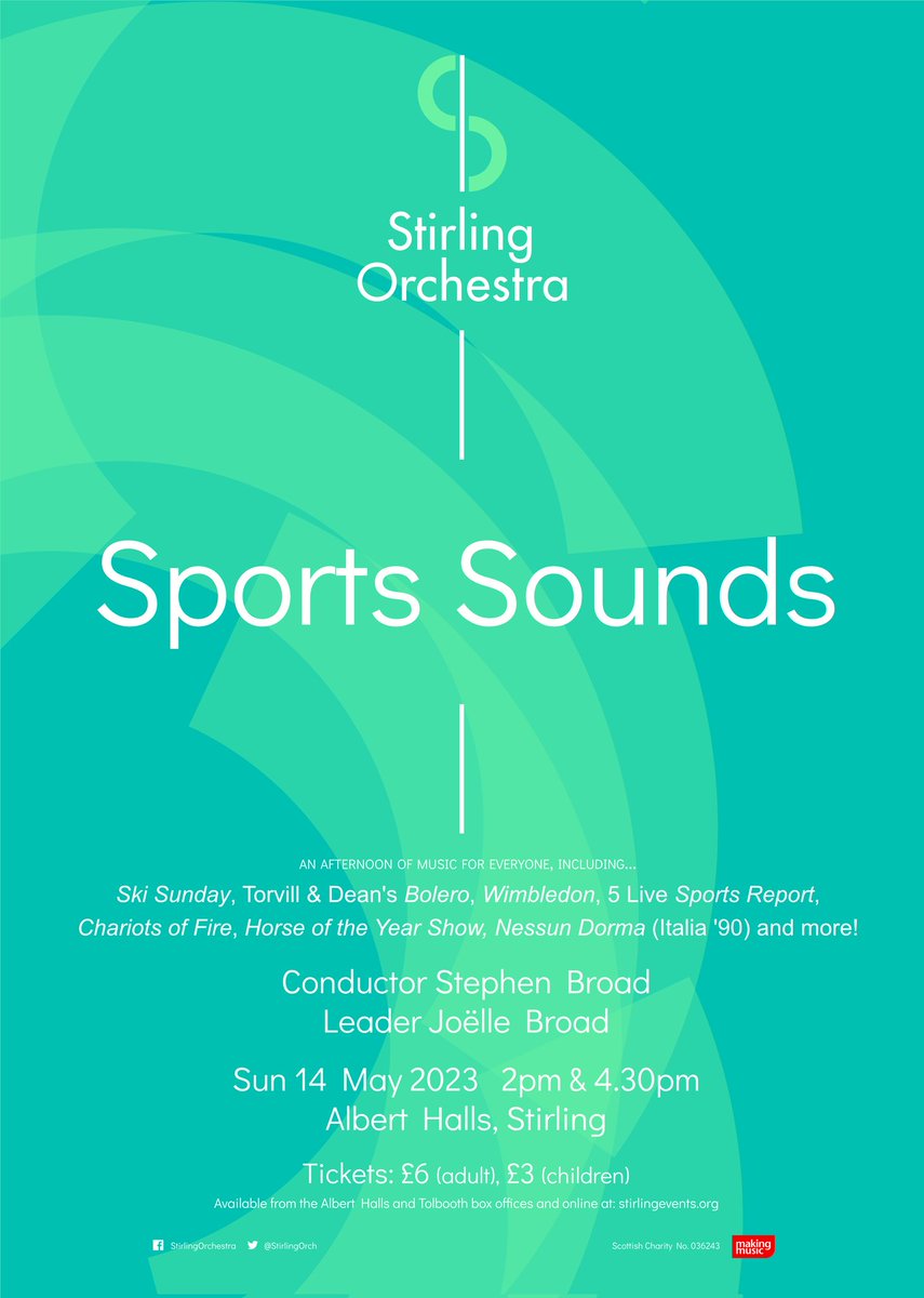 StirlingOrch's tweet photo. How great does our poster look for 'Sports Sounds', our next concert? Tickets now on sale @StirAlbertHalls box office, by phone or online! The orchestra can't wait to perform this exciting program! #Stirling #orchestra #sports #livemusic https://t.co/3xFyFzE0yc