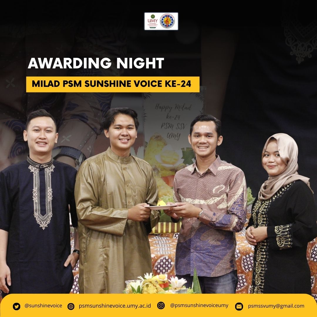 [[INFO SUNSHINE]]
✨RANGKAIAN MILAD SSV KE-24✨
Rabu (5/4) telah terlaksana rangkaian milad PSM SSV UMY yaitu Awarding Night, yang dilaksanakan di Khas Malioboro Hotel Yogyakarta.