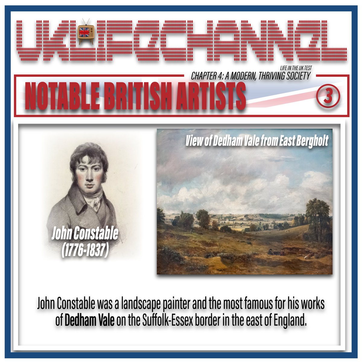 LIFE IN THE UK TEST
Who was the English painter of the Vale of Dedham?

#uklifechannel #lifeintheuktest #unitedkingdom #britishlife #uk #Britain #greatbritain #britishpassport #BritishCitizenship #artandculture #johnconstable #dedhamvale #valeofdedham #suffolkessex #england