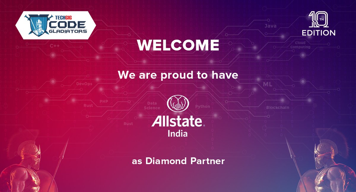 techgigdotcom's tweet photo. We are immensely pleased to announce Allstate as a “Diamond Partner” for the decadal edition of #TechGig #CodeGladiators- the world’s biggest #coding competition. Welcome aboard!! Participate now 🔗 https://t.co/KndlTLM2Z6.
#ComeCodeConquer #Technology #TechCommunity https://t.co/wcDkNAzFDy