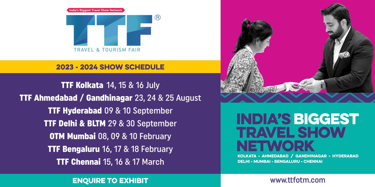TTFIndia's tweet photo. The #TTF series schedule for 2023-2024 is out!

Meet and #network with the leading names of the #travel and #tourism industry &amp; take your #business to new heights! 

Exhibit https://t.co/Tk5o9TAZLv
Visit https://t.co/XGtzS0Jbub

#TTF2023 #TTF2024 #OTM #OTM2024 #BLTM #BLTM2023 https://t.co/AYomUSACFs