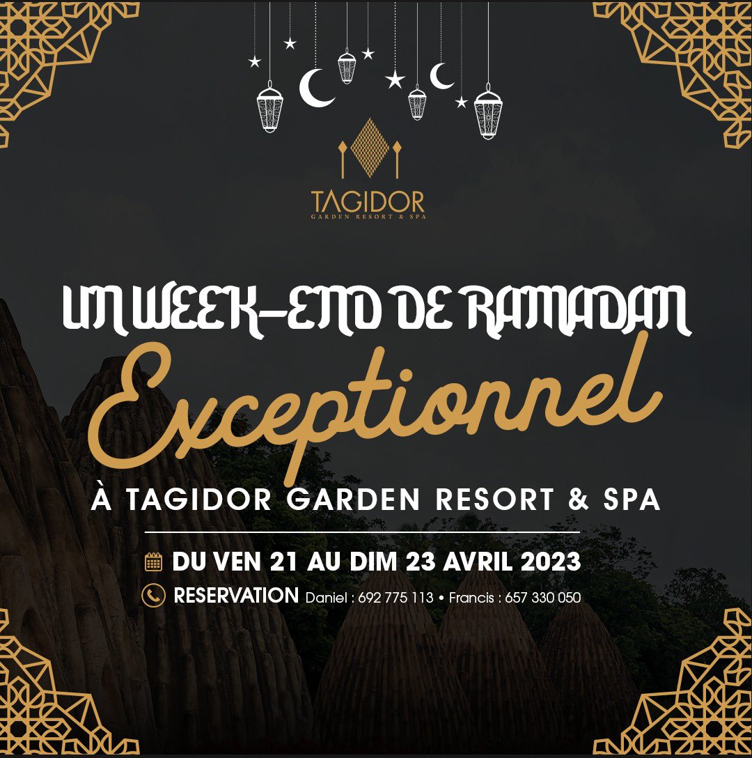 tagidorresort's tweet photo. 🔶UN WEEK-END DE RAMADAN EXCEPTIONNEL
A TAGIDOR GARDEN RESORT & SPA🔶
DU VEN 21 au DIM 23 AVRIL 2023
@tagidorgardenresort '' sharing our heritage ''
#gardenresort #buffetduramadan #camerounianhotel #weekendduramadan #orchestrelivehotel #hotellifestyle #bangou https://t.co/rzxOPy6h9e