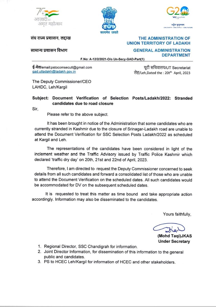 LEAFLadakh's tweet photo. Important SSC DV
Thanks to the concern department. 
Candidates stranded due to road closure &amp; inclement weather would be accommodated for Document Verification on subsequent scheduled dates.
Chief coordinator leaf
Padma Stanzin
@PadmaStanzin29
@LAHDC_LEH @DC_Leh_Official https://t.co/28uZ5TOLuX