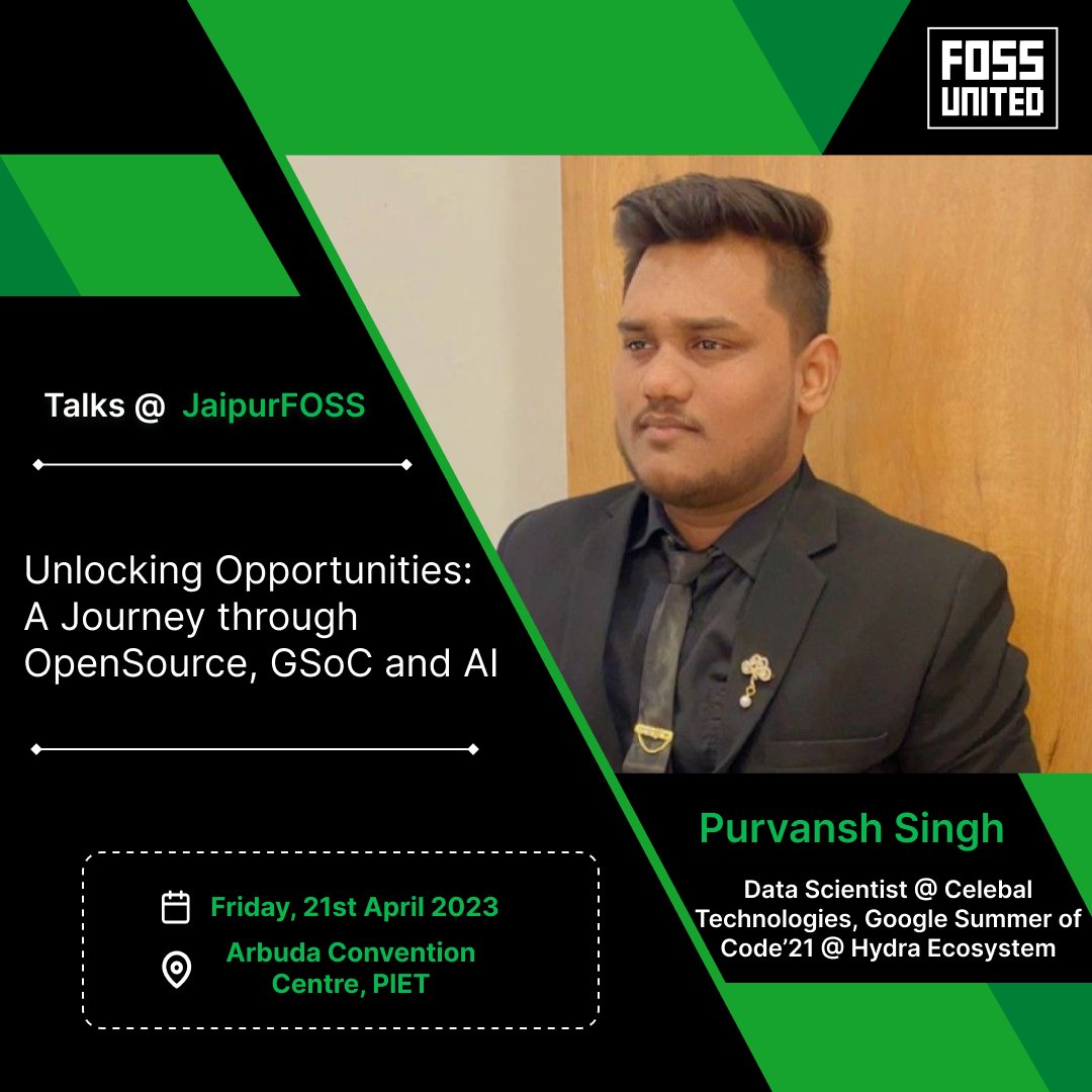 jaipurfoss's tweet photo. See who we are bringing as our speaker guys!
Mr. Purvansh Singh, who is the Data Scientist at Celebal Technologies

How amazing it'll be to listen to him and know more about open-source 🤩

Stay tuned
#JaipurFOSS #rajasthan  #opensource
#technology https://t.co/czUMNAwP65