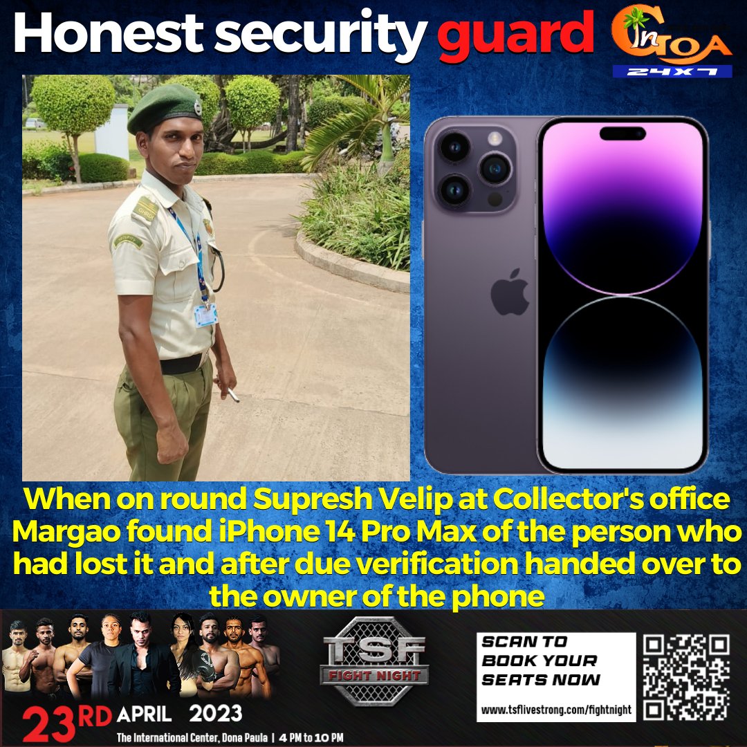 InGoa24x7's tweet photo. When on round Supresh Velip at Collector's office Margao found iPhone 14 Pro Max of the person who had lost it and after due verification handed over to the owner of the phone

#Goa #GoaNews #Iphone #returned #Security #guard #Margao https://t.co/YRFBGYp91Q
