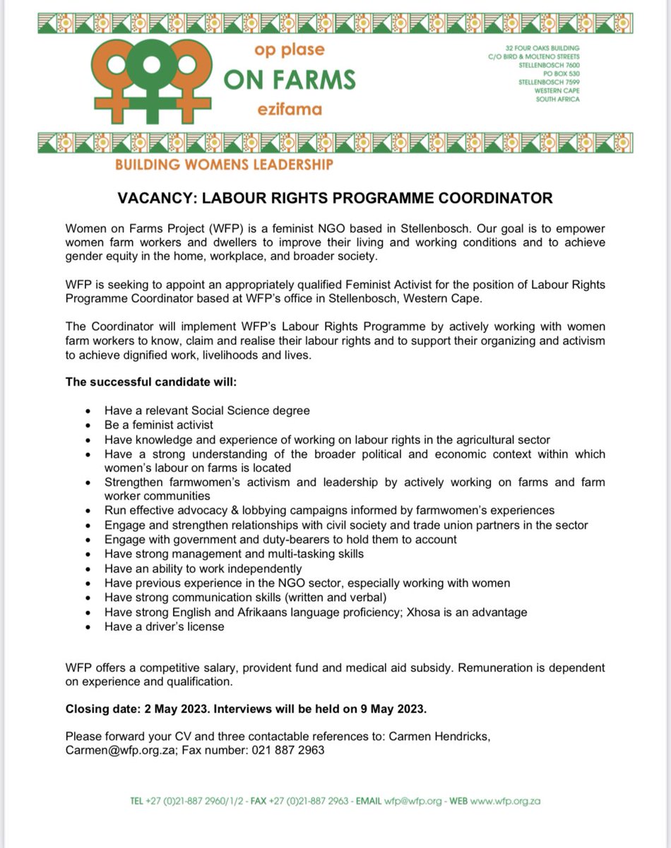 Women_On_Farms's tweet photo. New job opportunity at WFP! All applications should be emailed to carmen@wfp.org.za https://t.co/J6IAdE1MrX