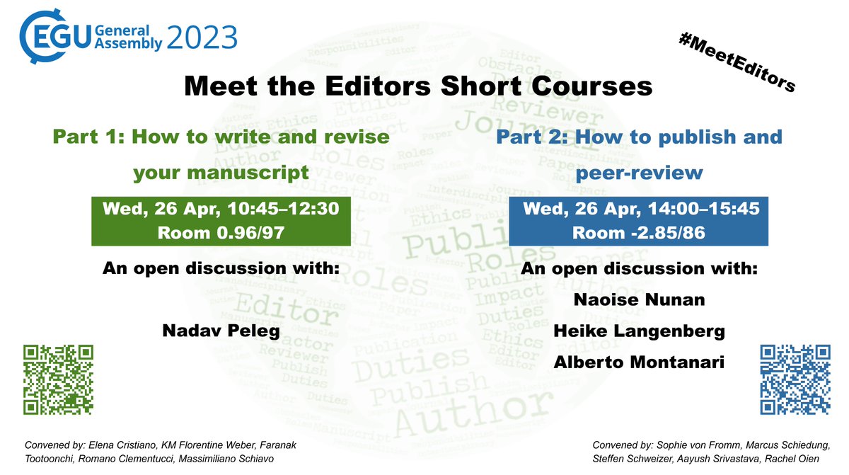 How to write a good paper? and how to get it published? 📰During #EGU23 or #vEGU23, join the 𝐌𝐞𝐞𝐭 𝐭𝐡𝐞 𝐄𝐝𝐢𝐭𝐨𝐫𝐬 short courses on Wed 26!

Do you have already some questions for the speakers? or specific topic to be addressed? Let us know!⬇️
docs.google.com/forms/d/e/1FAI…