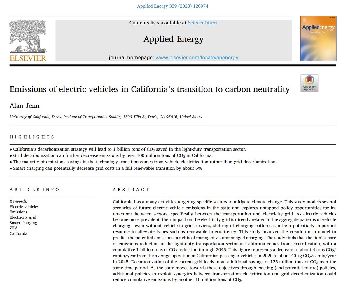Electric vehicles could bring CO2 emissions per capita from passenger cars in California from 4,000 kg CO2 to 40 kg CO2.

A new study by @alanjenn from @UCSanDiego suggests that California could avoid 1 Gt CO2 until 2045.

Full paper🔓from @ElsevierEnergy: doi.org/10.1016/j.apen…