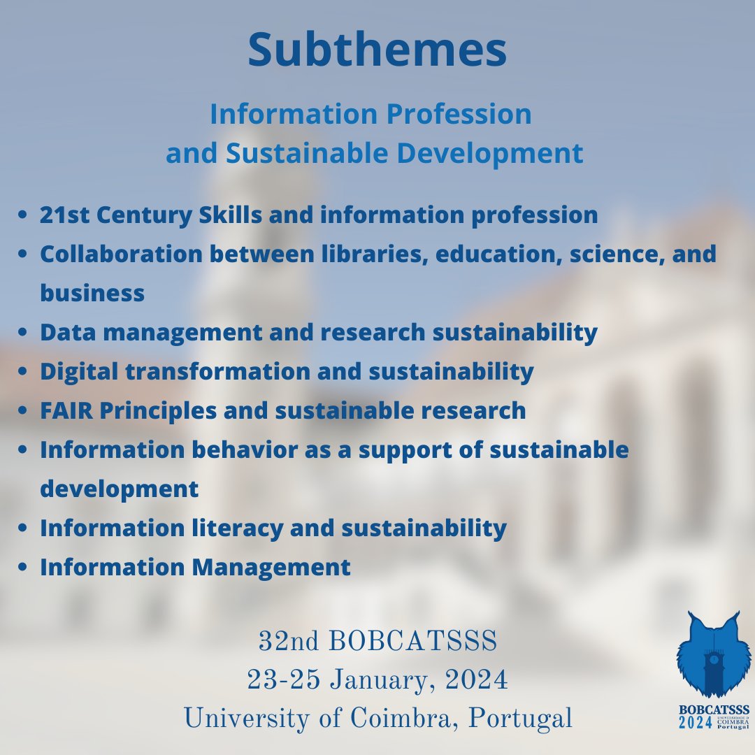 bobcatsssoffice's tweet photo. CALL FOR PROPOSALS: INFORMATION PROFESSION AND SUSTAINABLE DEVELOPMENT  If you have a paper, poster, workshop, or panel concerning one or more of our topics for this year, follow the link in our bio, and submit your abstract before September 5th, 2023.  #bobcatsss2024 https://t.co/ZwvNEDwvkF