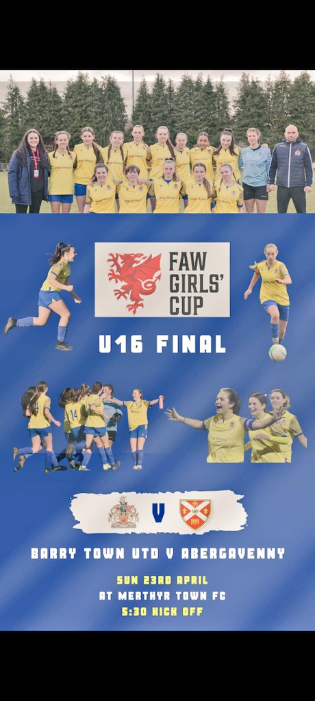 3 days to go until we take on <a href="/AbergavennyWFC/">Abergavenny Women FC</a> u16s in the final of the <a href="/FAWales/">FA WALES</a> Cup!! 

Come along and support the girls... !! A full day of action down in merthyr with cardiff vs britton ferry followed by <a href="/btuwomenfc/">Barry Town Utd Women FC</a> u16s💛 💙 

⚽️ ⚽️ Super Sunday ⚽️ ⚽️